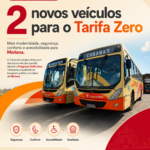 Dois novos ônibus modernos da Transcotta para o programa Tarifa Zero em Mariana, indicando as rotas Cabanas e Via S. Rita de Cássia.