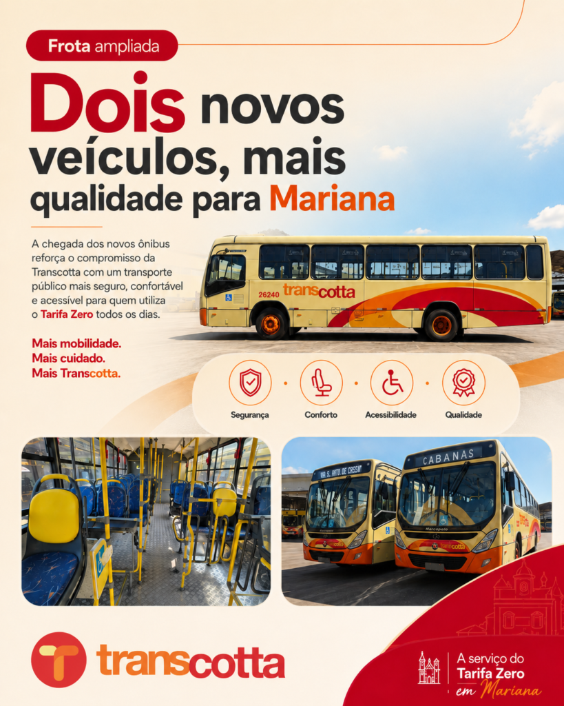 Dois novos ônibus modernos da Transcotta para o programa Tarifa Zero em Mariana, indicando as rotas Cabanas e Via S. Rita de Cássia.
