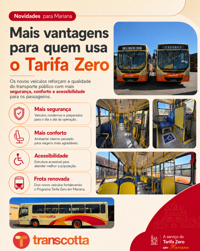 Dois novos ônibus modernos da Transcotta para o programa Tarifa Zero em Mariana, indicando as rotas Cabanas e Via S. Rita de Cássia.