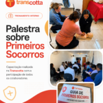 Colaboradores da Transcotta realizam treinamento durante palestra de primeiros socorros.