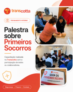 Colaboradores da Transcotta realizam treinamento durante palestra de primeiros socorros.