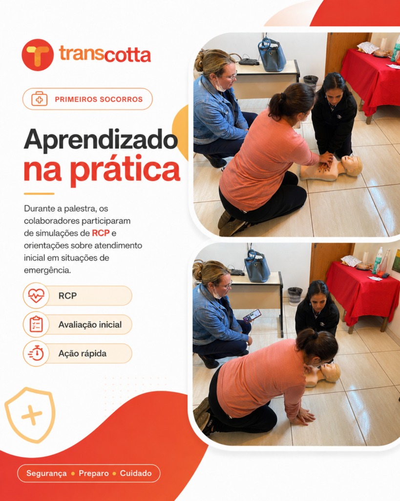 Colaboradores da Transcotta realizam treinamento durante palestra de primeiros socorros.