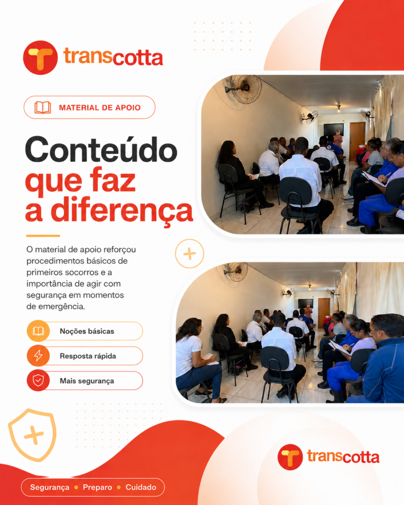 Colaboradores da Transcotta realizam treinamento durante palestra de primeiros socorros.