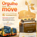Troféu do Prêmio FETRAM 2025 de Qualidade do Ar e ônibus da Transcotta com a linha Alto Rosário