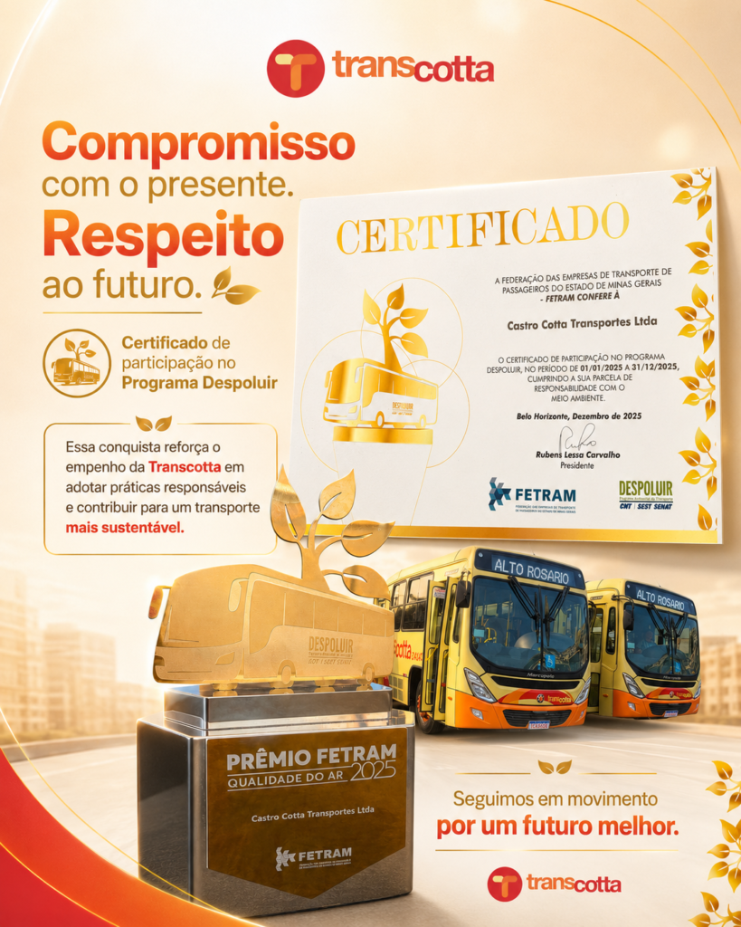 Troféu do Prêmio FETRAM 2025 de Qualidade do Ar e ônibus da Transcotta com a linha Alto Rosário
