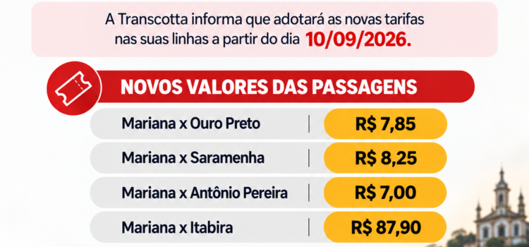 Transcotta informa novos valores das tarifas intermunicipais a partir de 10 de setembro