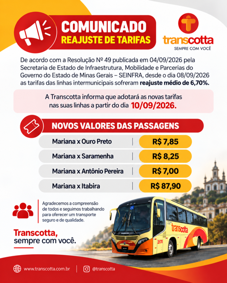Transcotta informa novos valores das tarifas intermunicipais a partir de 10 de setembro